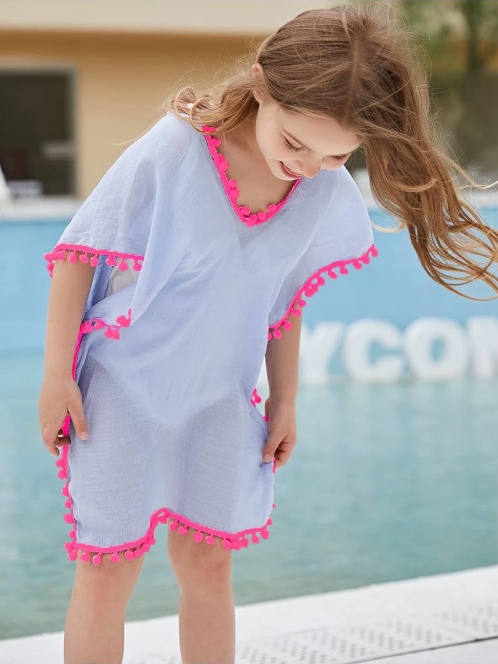 Girls Light Blue Pom-Pom Trim Cover-Up